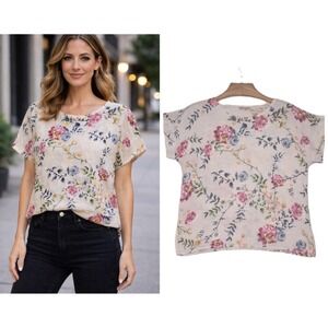 BELLAMBRA 100% Linen Floral Toile Top Shirt Small Cream Made in Italy Lagenlook